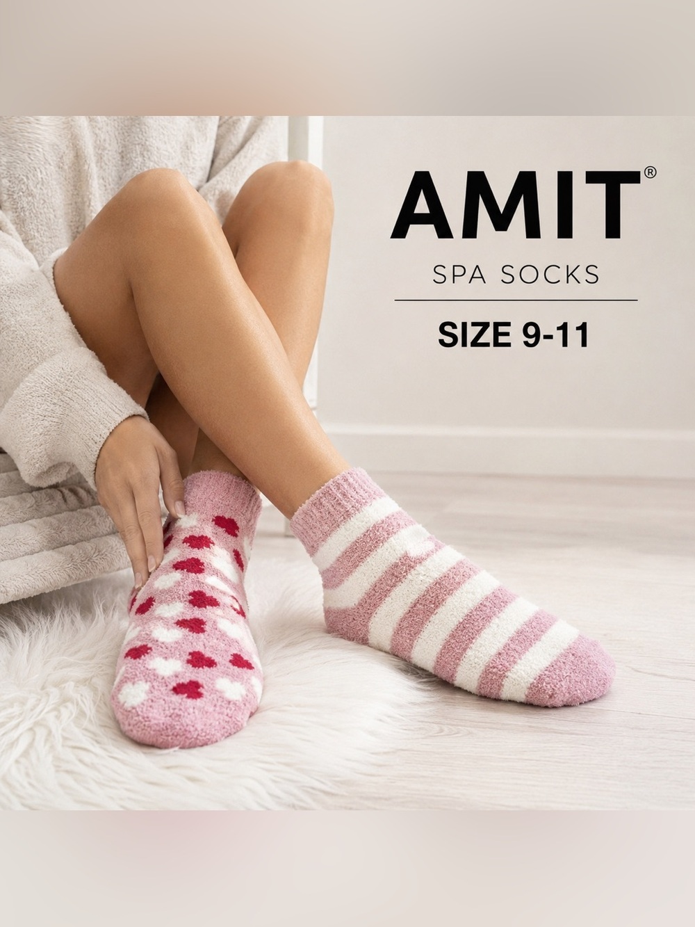 AMIT Fuzzy Heart Spa Socks NWT Women’s Size 9-11 Pink Non-Slip Cozy 2 Pair